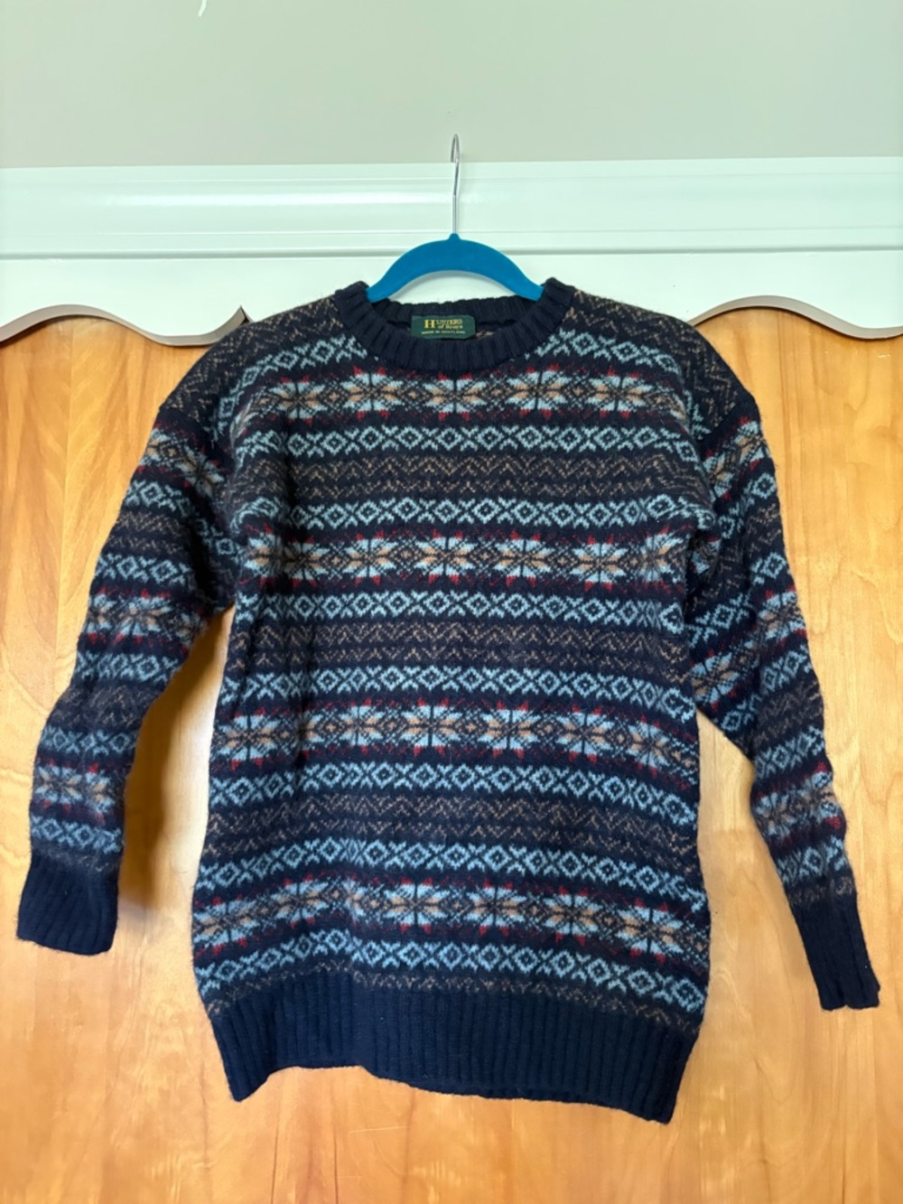 Navy Hunters of Brora Fair Isle style Crewneck wool Sweater - Men's